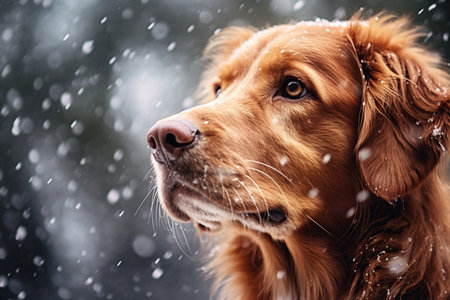 Dog breed Golden Retriever staring in the snow.の素材