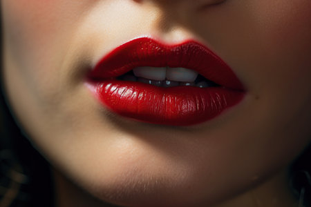 Beautiful red lips close-up. Red lipstick. Red lips makeup.の素材