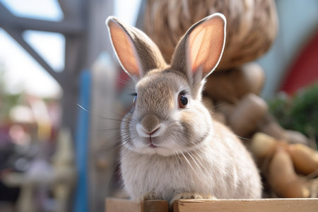 Rabbit in wooden box on nature background. Easter concept. Close up.の素材