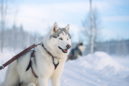 Siberian Husky sled dog on the background of the winter forestの素材