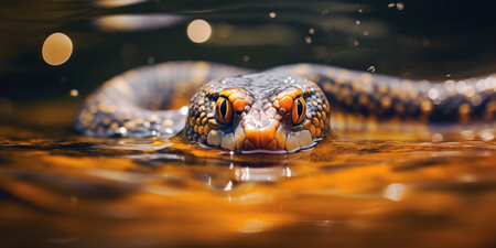 Close-up of the head of a snake in the water.の素材