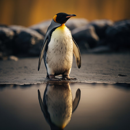King penguin (Aptenodytes patagonicus) standing on a rock with reflection in water.の素材