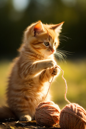 Cute ginger kitten playing with ball of yarn in sunset light.の素材