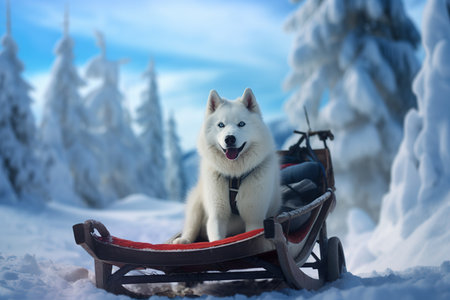 Husky sledding in the winter forest. Beautiful winter landscape.の素材
