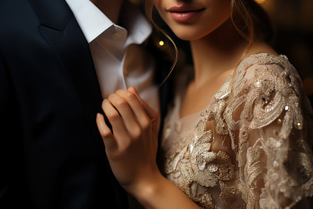 cropped view of bride and groom in formal wear holding each otherの素材