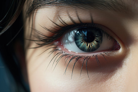 Close up shot of a beautiful woman's eye with long eyelashes.の素材