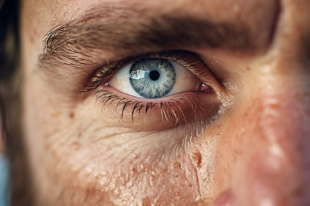 Close up of a man's blue eye. Shallow depth of field.の素材