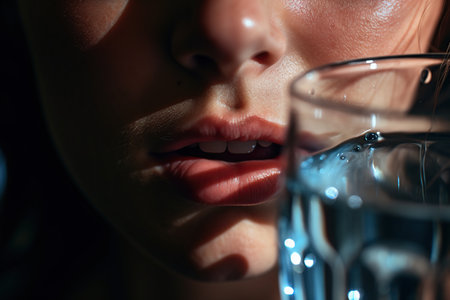 Young woman drinking water from a glass. Close-up portrait.の素材