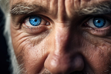 Close-up portrait of a senior man with blue eyes. Studio shot.の素材
