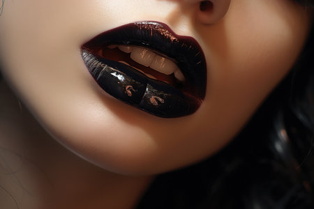 Beautiful female lips with black glossy lipstick. Close-up.の素材