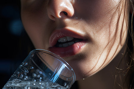 Close-up portrait of a beautiful young woman drinking water from a glassの素材