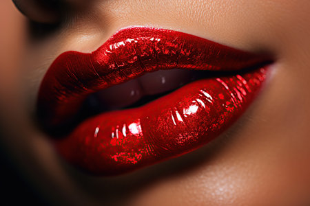 Close-up portrait of beautiful female lips with red glossy lipstick.の素材