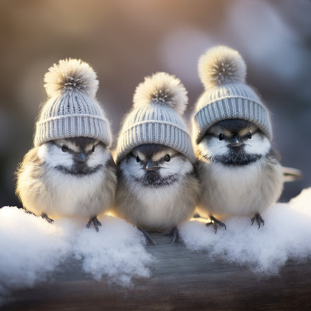Cute little chickadee birds in winter hats sitting in snowの素材