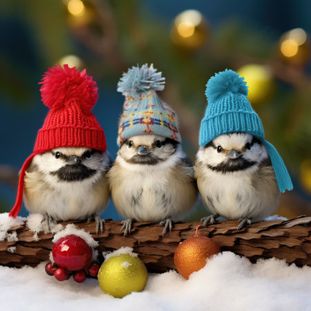 Three cute little birds in winter hats sitting on a branch with Christmas decorationsの素材