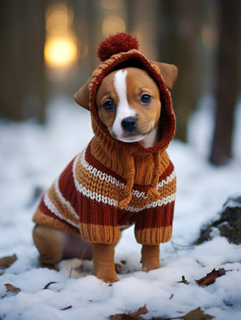 Cute puppy in a warm knitted sweater in the winter forest.の素材