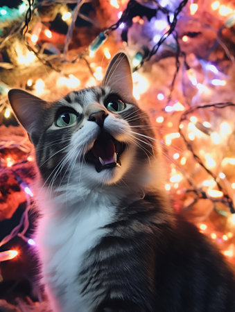 Portrait of a cat meowing in front of Christmas lightsの素材