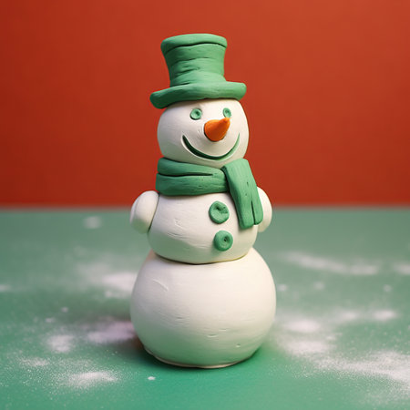 Christmas Clay Snowman on red and green background with copy spaceの素材