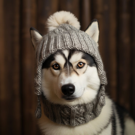 Portrait of a beautiful Siberian Husky in a winter hat.の素材