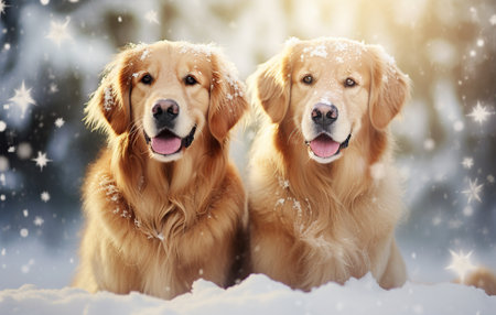 Golden Retrievers outside in the winter forest.の素材