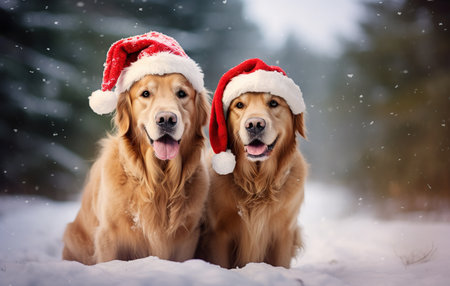 Two golden retriever dogs in red santa hats on snowy winter backgroundの素材