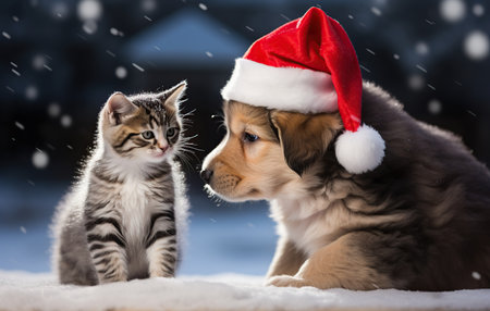Cute kitten and puppy in santa hat on snow background.の素材