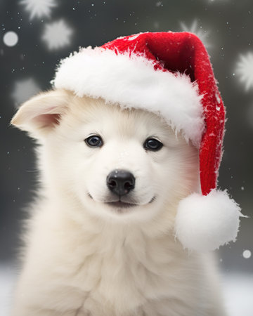 Adorably cute white siberian husky puppy wearing a christmas hatの素材