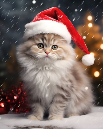 Cute siberian kitten in Santa Claus hat on Christmas backgroundの素材
