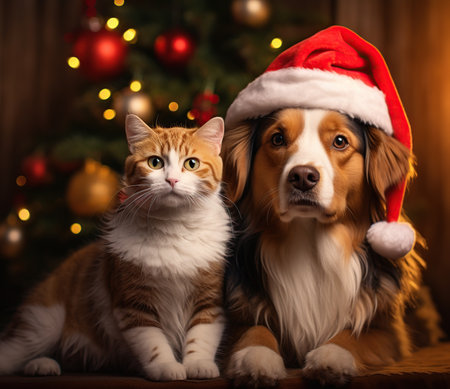 Cat and dog in Santa Claus hat on background of Christmas tree.の素材