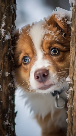 Portrait of a red border collie dog in the winter forestの素材