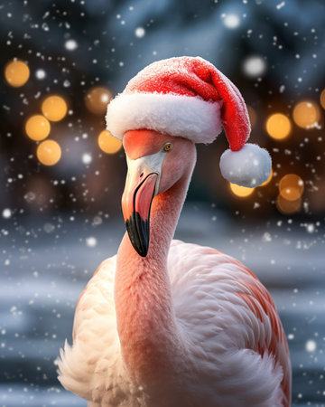 Flamingo in Santa Claus hat on winter background with bokehの素材