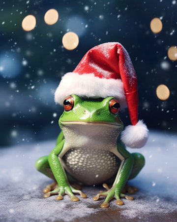 Frog in Santa Claus hat sitting on snow with bokeh background. 3D render.の素材