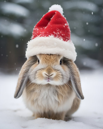 Cute rabbit in red santa hat on snowy winter background.の素材