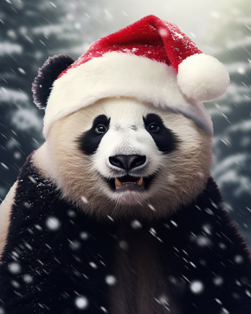 Giant panda in Santa Claus hat on a snowy background.の素材