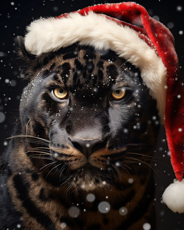 Portrait of a beautiful panther in a Santa Claus red hat on a black background with snow.の素材