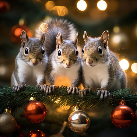 Three squirrels sitting on Christmas tree branch with bokeh backgroundの素材