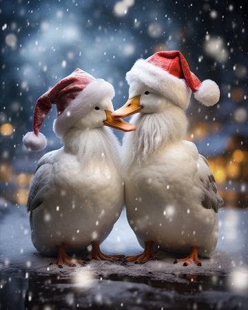 Two white ducks with Santa Claus hats on the background of a winter landscape.の素材