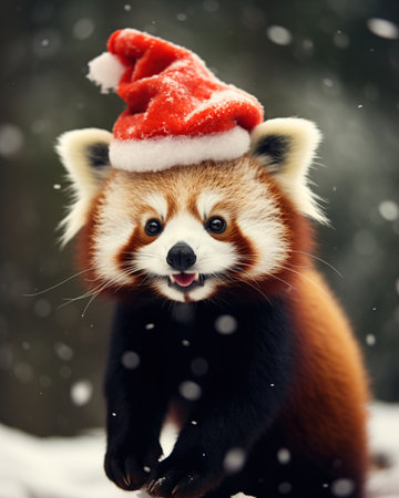 Red panda in red santa hat walking in snowy forest.の素材