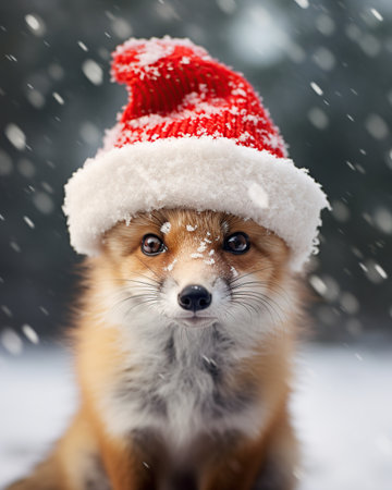 Cute fox in red christmas hat sitting in snowy forest.の素材