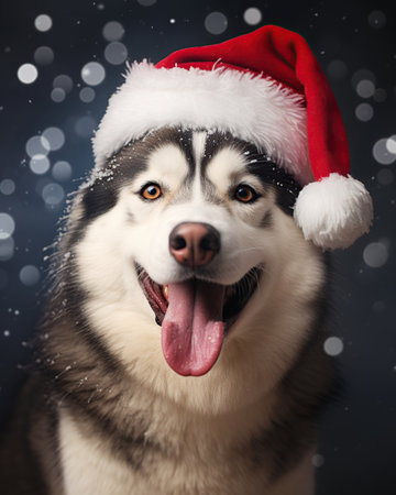 Portrait of a happy siberian husky in a Santa Claus hatの素材
