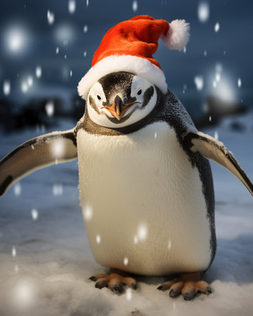 Penguin in Santa Claus hat on snow background. Christmas conceptの素材