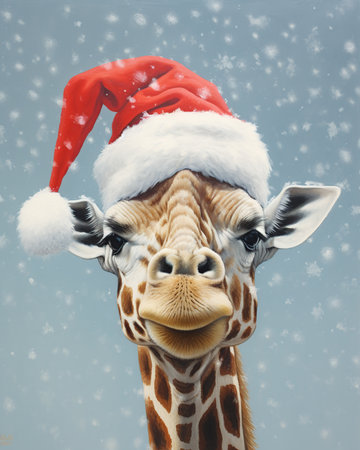 christmas, holidays and people concept - close up of giraffe in santa hat. Holiday Illustrationの素材