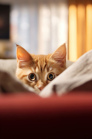 Cute ginger kitten peaking over blanket in bed at home and looking at cameraの素材