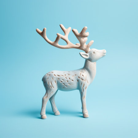 Christmas reindeer figurine on blue background. Minimal Christmas concept.の素材