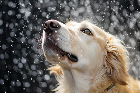 portrait of golden retriever in the snow on a black backgroundの素材