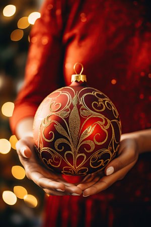 Close-up of woman's hands holding christmas ball. Christmas and New Year concept.の素材