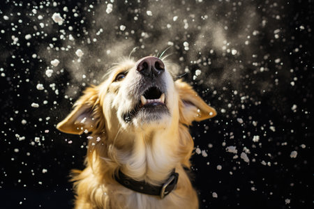 Golden Retriever dog having fun with snow falling on black backgroundの素材