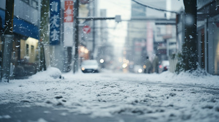 Heavy snowfall on the streets in Japan. Shallow depth of field.の素材