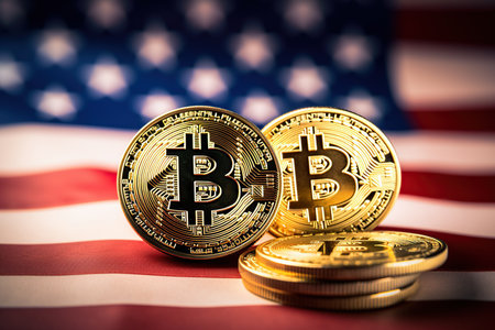 Bitcoin cryptocurrency on the background of the flag of the United States of America.の素材