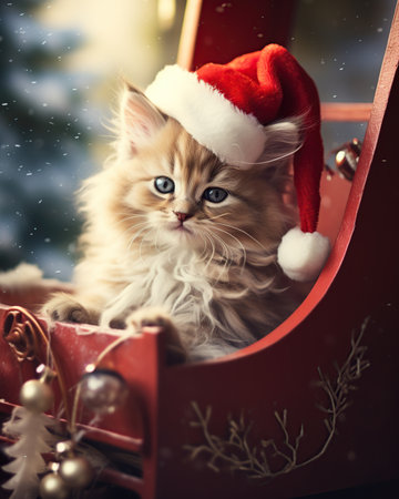 Cute siberian kitten in santa hat sitting in red sleigh cartの素材