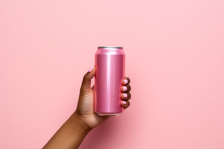 Female hand with pink nails holding a pink soda can on a pink background with copy spaceの素材